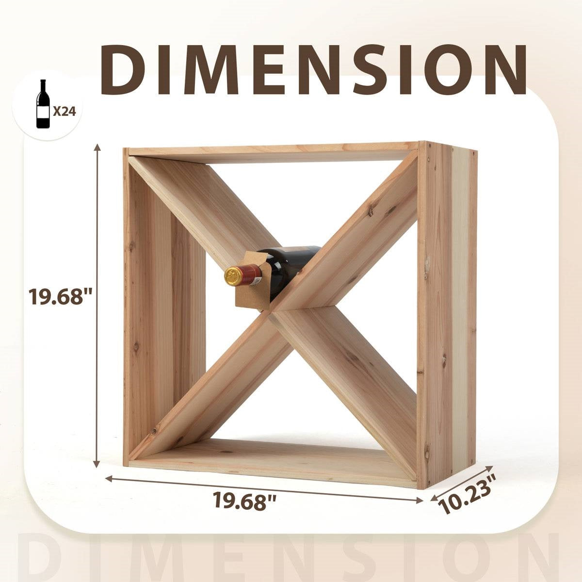 Dimensions of 24 Bottle Solid Wood Stackable Modular Wine Rack showing 19.68 inches in height and width with a wine bottle displayed.