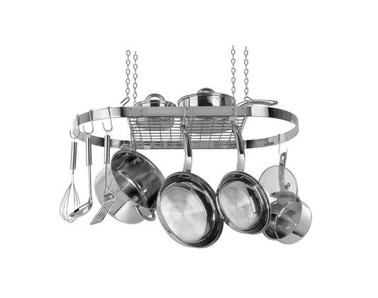 Modern Ceiling Mounted Stainless Steel Oval Hanging Pot Rack with cookware and hooks, maximizing kitchen space.