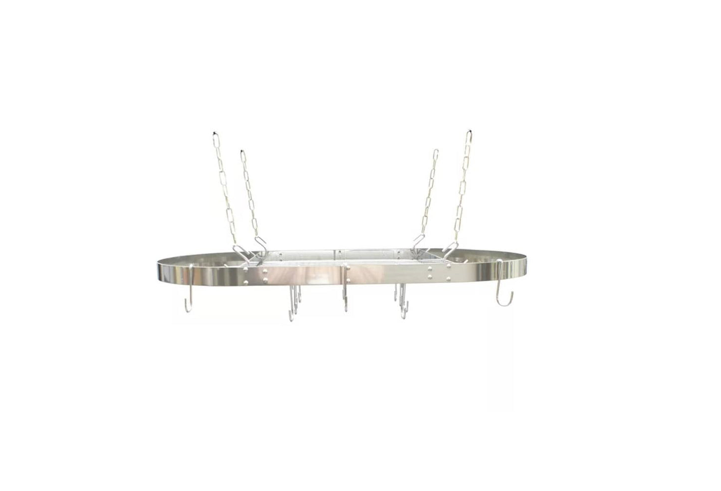Modern Ceiling Mounted Stainless Steel Oval Hanging Pot Rack with repositionable hooks shown against a white background.