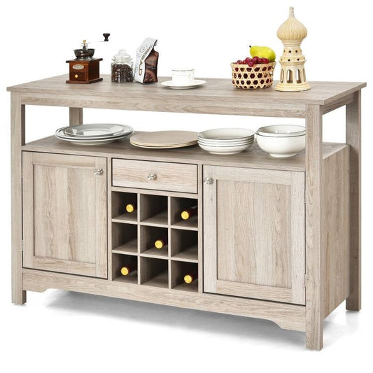Grey Wood Sideboard Buffet Server Cabinet with Wine Rack and Storage Shelf featuring utility drawer and cabinets.