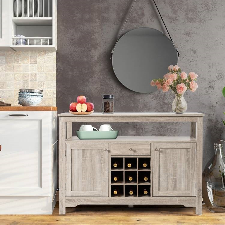 Grey Wood Sideboard Buffet Server Cabinet with Wine Rack and Storage Shelf in modern kitchen setting.