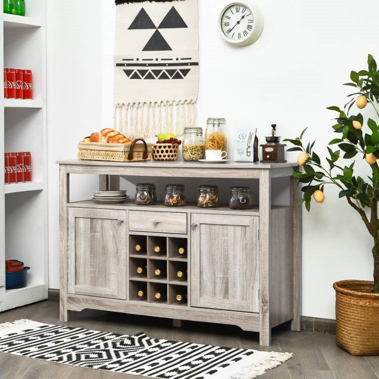 Grey Wood Sideboard Buffet Server Cabinet with Wine Rack and Storage Shelf in a stylish interior setting