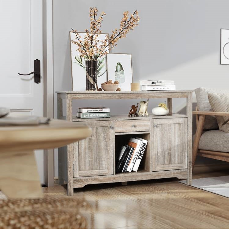 Grey Wood Sideboard Buffet Server Cabinet with Wine Rack and Storage Shelf in a modern living room setting.