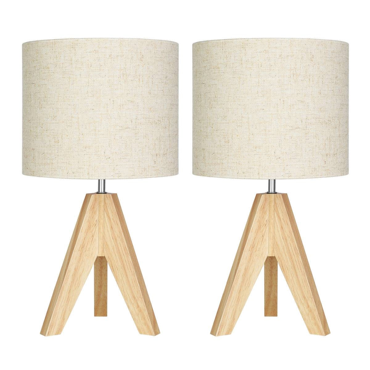 Set of 2 - Solid Wood Tripod Table Lamp with Beige Linen Drum Shade, modern Scandinavian design, light brown finish, compact size