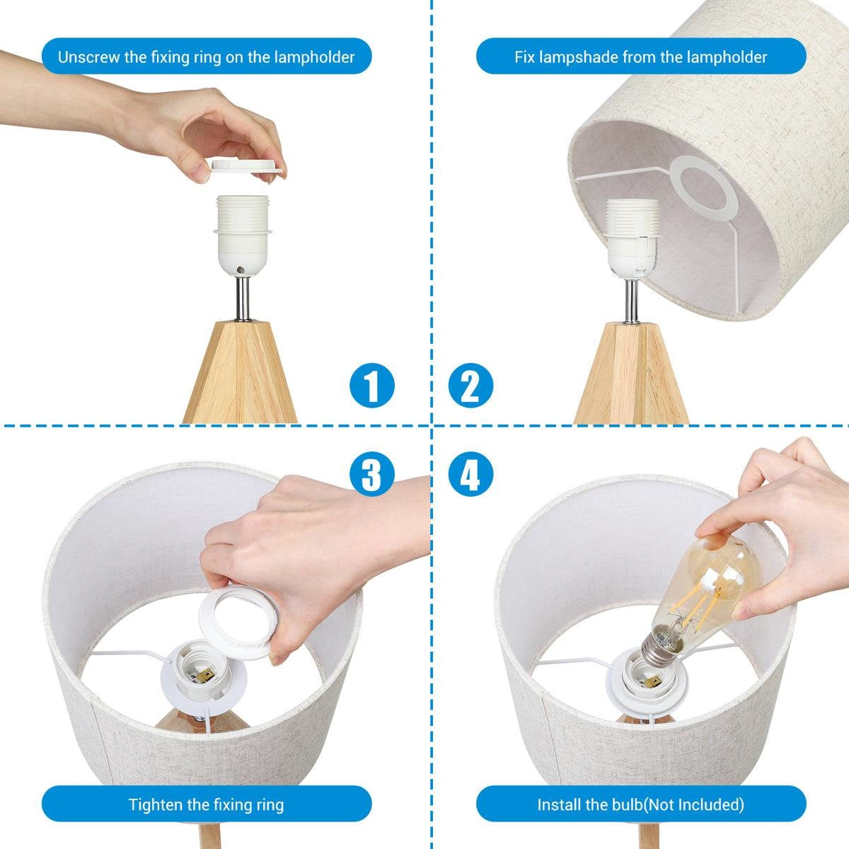 Assembly steps for Set of 2 - Solid Wood Tripod Table Lamp with Beige Linen Drum Shade installation process.