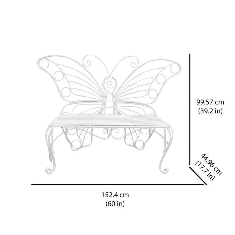 Modern Outdoor Butterfly Garden Bench in White Metal Finish with dimensions labeled in inches and centimeters.