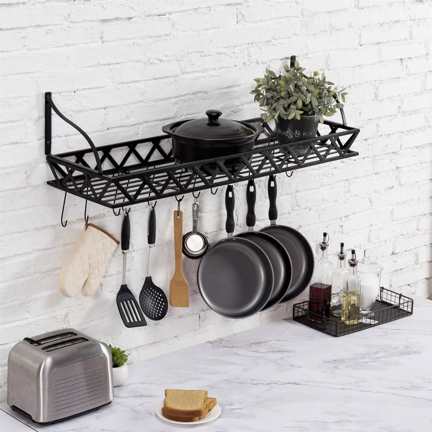 Black Metal Rectangular Wall Mounted Kitchen Pot Rack with 12 Hanging Hooks organizing cookware and utensils