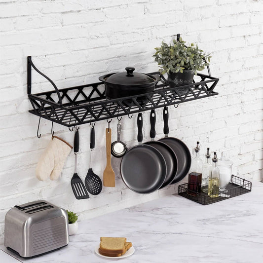 Black Metal Rectangular Wall Mounted Kitchen Pot Rack with 12 Hanging Hooks organizing cookware and utensils