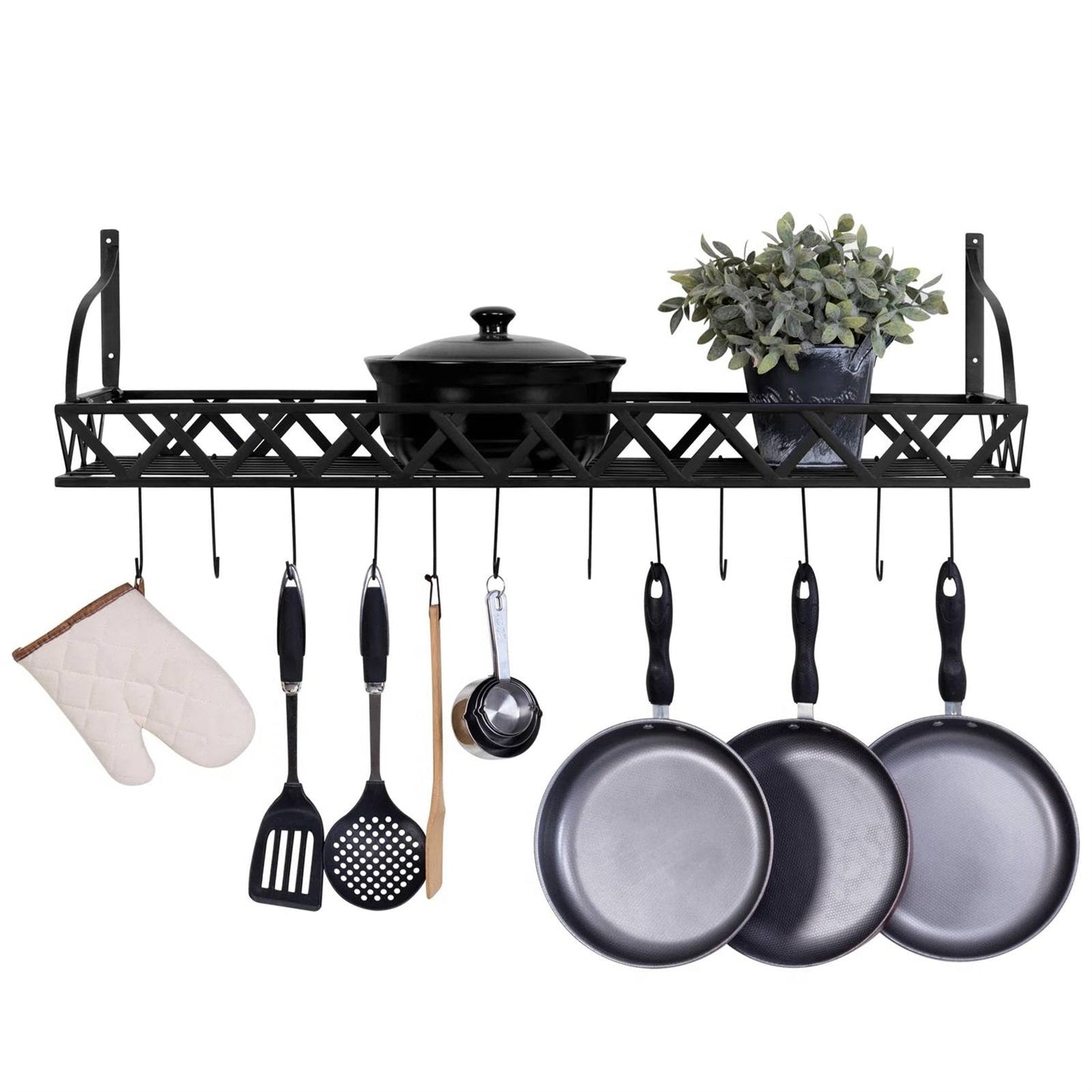 Black Metal Rectangular Wall Mounted Kitchen Pot Rack with 12 Hanging Hooks holding pans, utensils, and a plant.