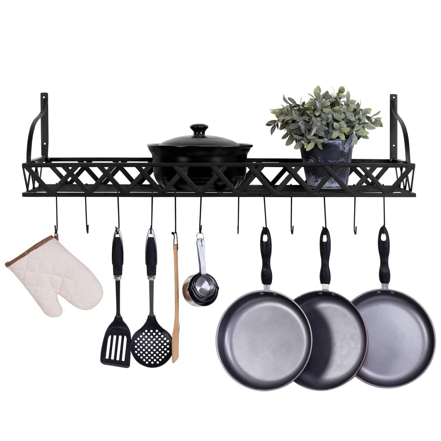 Black Metal Rectangular Wall Mounted Kitchen Pot Rack with 12 Hanging Hooks holding pans, utensils, and a plant.