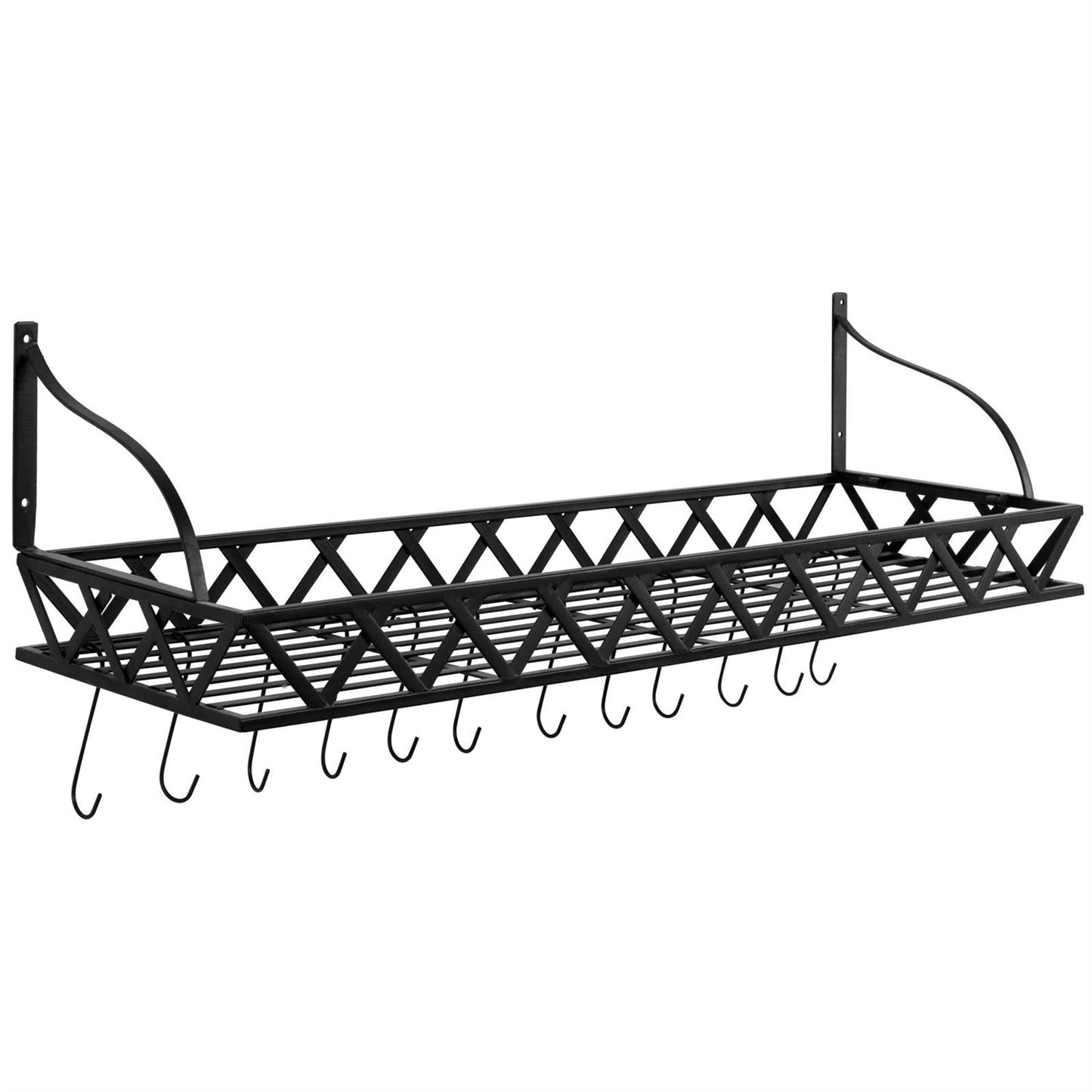 Black Metal Rectangular Wall Mounted Kitchen Pot Rack with 12 Hanging Hooks for cookware and utensil storage