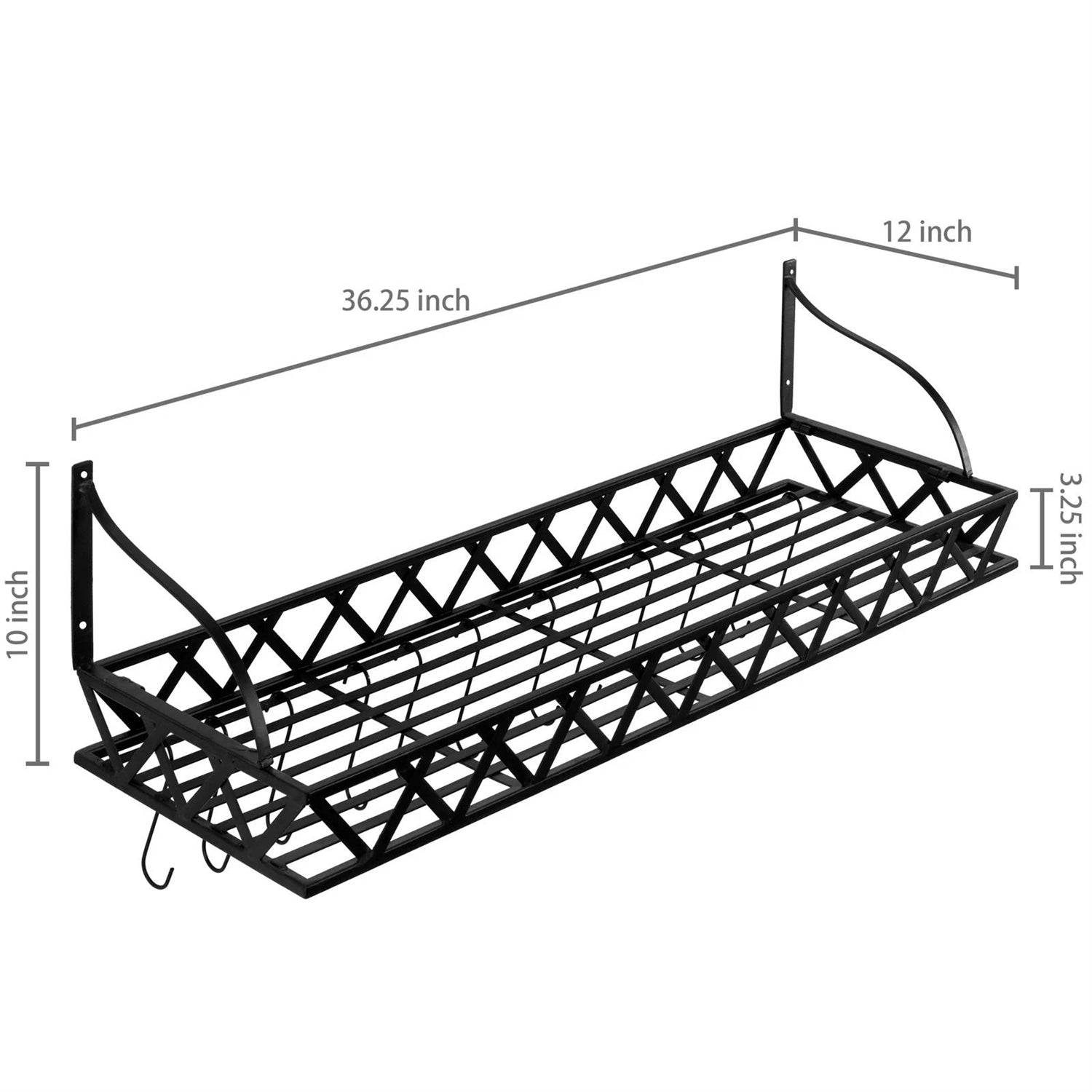 Black Metal Rectangular Wall Mounted Kitchen Pot Rack with 12 Hanging Hooks, dimensions 36.25 x 12 x 10 inches.