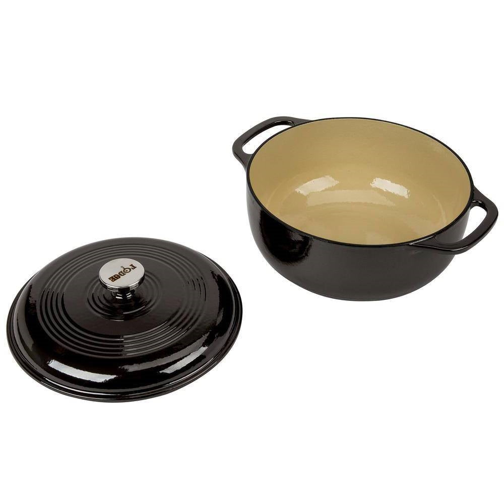 Round 6-Quart Black Enamel Cast Iron Dutch Oven with Lid, ideal for cooking and serving, shown open with beige interior and separate lid.