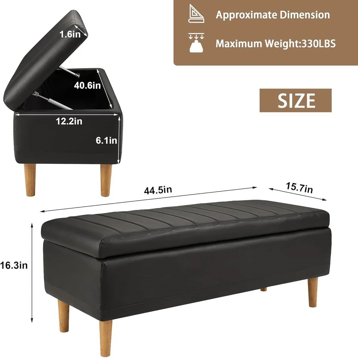 Dimensions of Modern Mid-Century Black Faux Leather End of Bed Storage Bench Ottoman with storage details and weight capacity