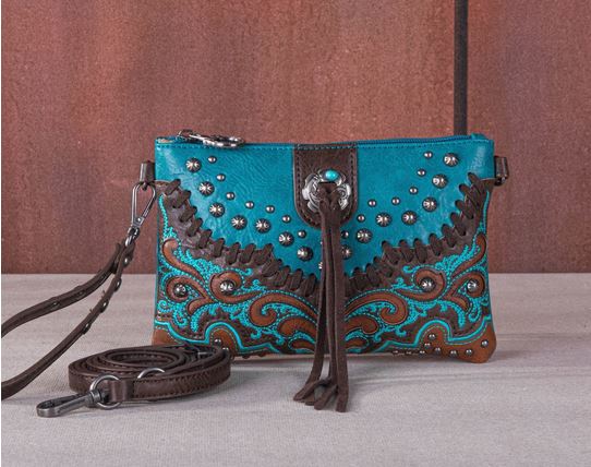 Tassel Western Clutch & Crossbody Bag with embroidered design, turquoise stone concho tassels, and brown leather accents.
