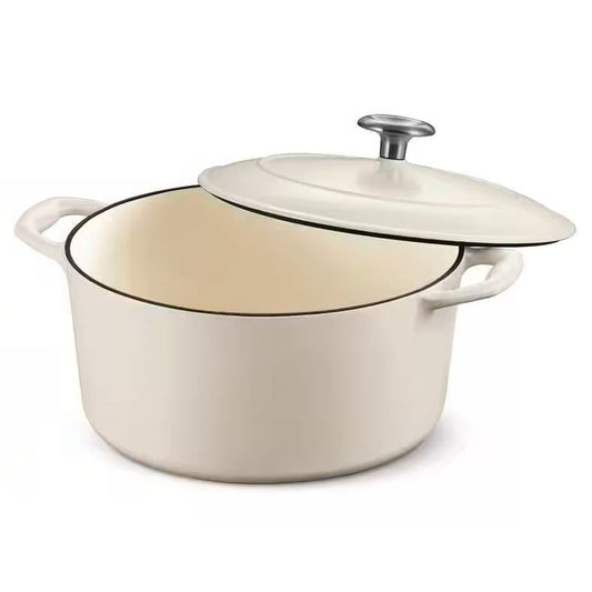 Round 5.5 Quart White Beige Enameled Oven Safe Cast Iron Dutch Oven with Lid for optimal heat retention and uniform cooking.