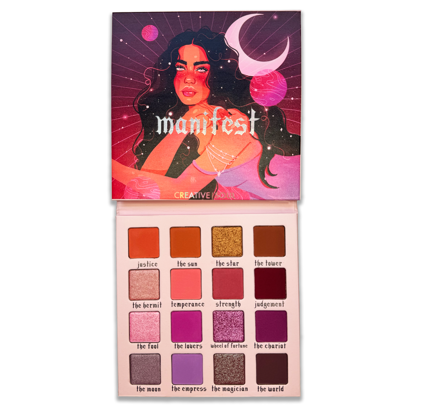 Manifest Eyeshadow Palette with tarot-inspired shades and vibrant colors.