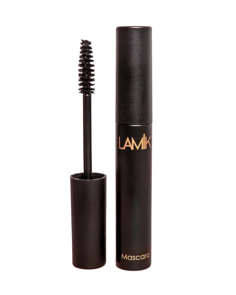 LAMIK Beauty's Show Out Mascara black tube with open applicator, pre-order for visibly volumized lashes, lightweight formula.
