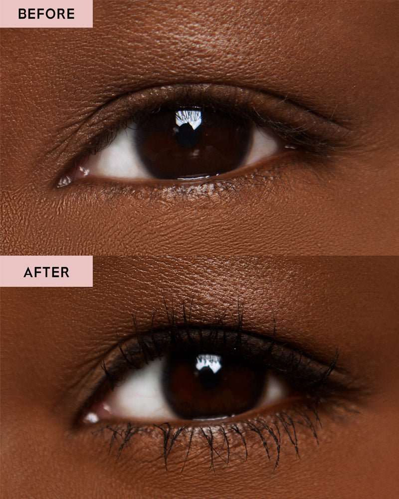 Show Out Mascara before and after results displaying volumized lashes with LAMIK Beauty's formula