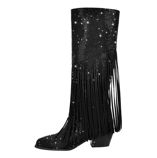 Starry Nights Knee-High Fringe Boots – Rhinestone Embellished Suede Cowgirl Boots with fringe detail on a white background