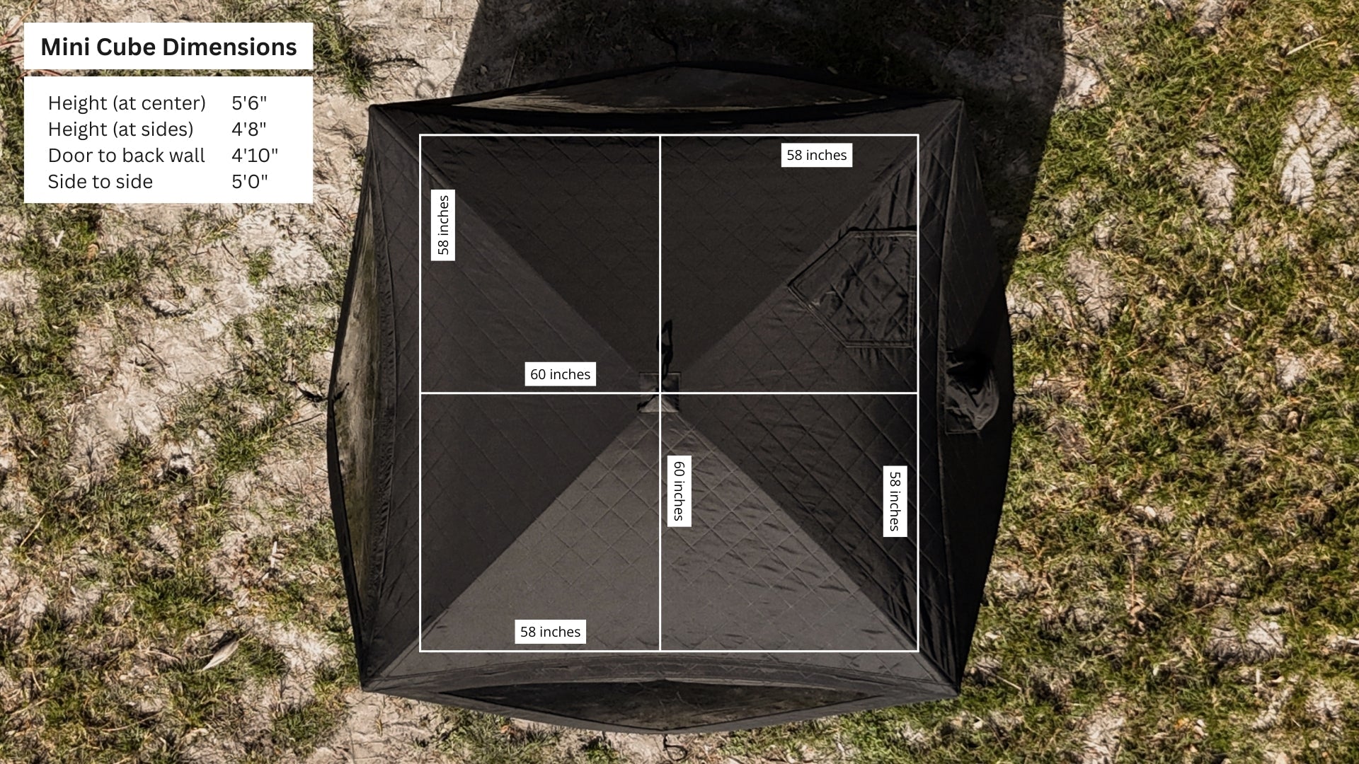 Top view of Mini Cube Sauna Tent (2-person; tent only) with dimensions labeled on grassy background