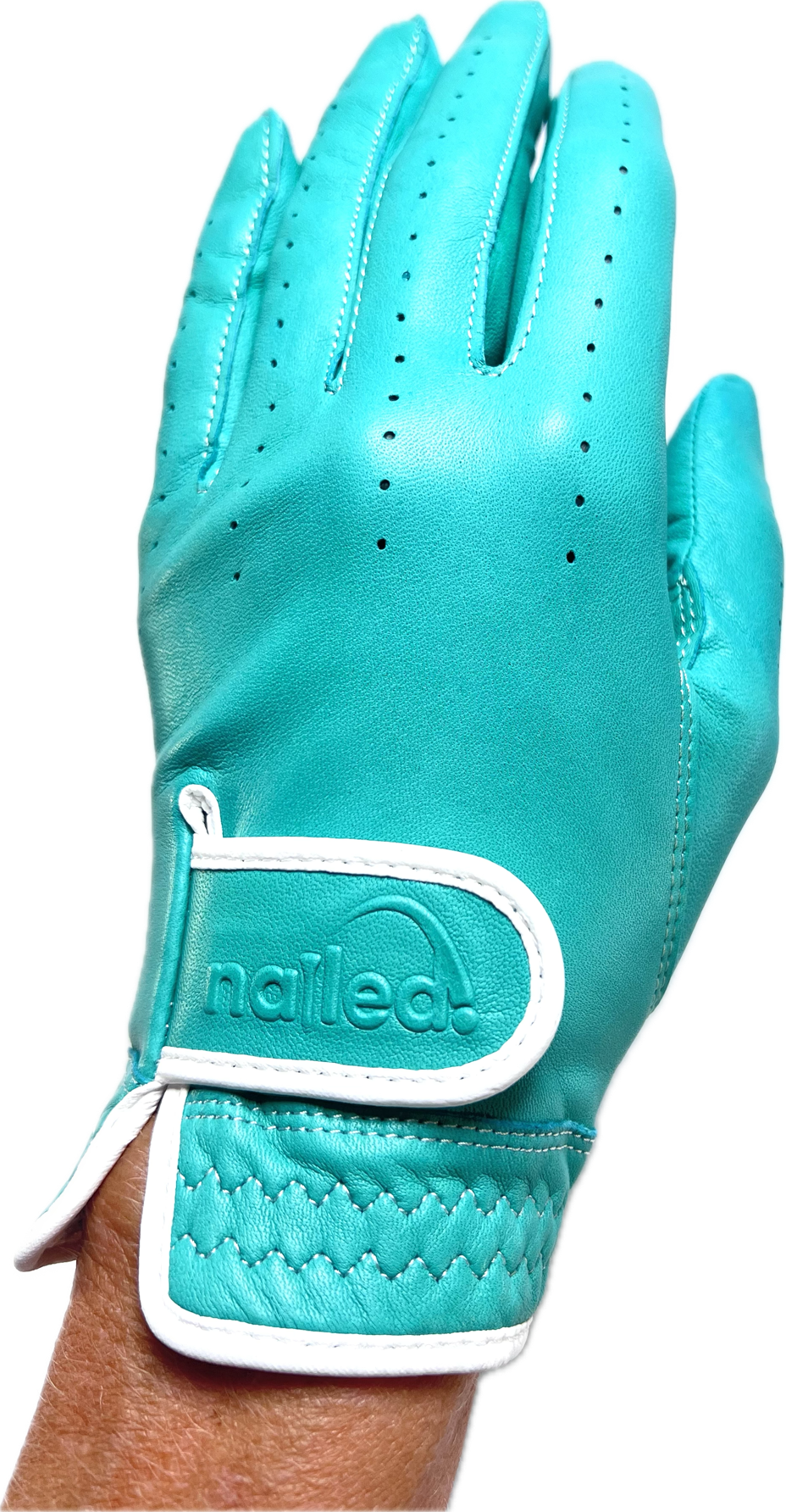 Premium Standard Golf Gloves - Colored in teal, designed for enhanced grip and comfort in women's standard and elongated sizes.