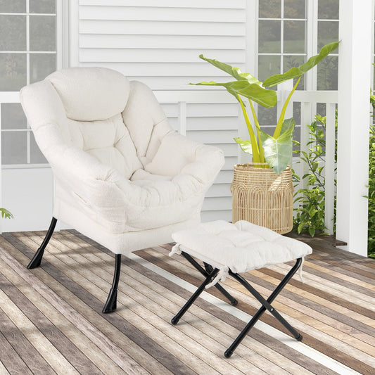 Modern Accent Chair with Folding Footrest and Head Pillow-Beige in outdoor setting, featuring ergonomic design and robust metal base.