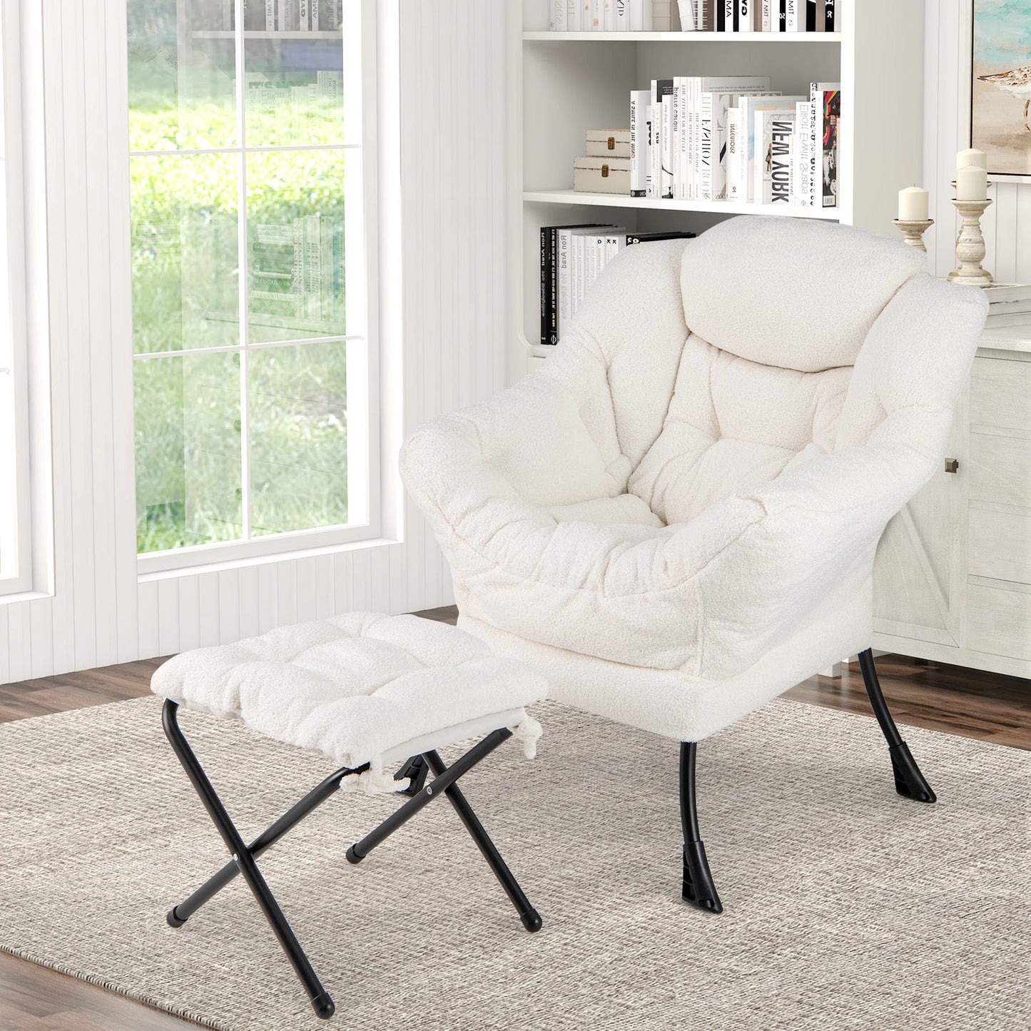 Modern Accent Chair with Folding Footrest and Head Pillow-Beige in a cozy living room setting.