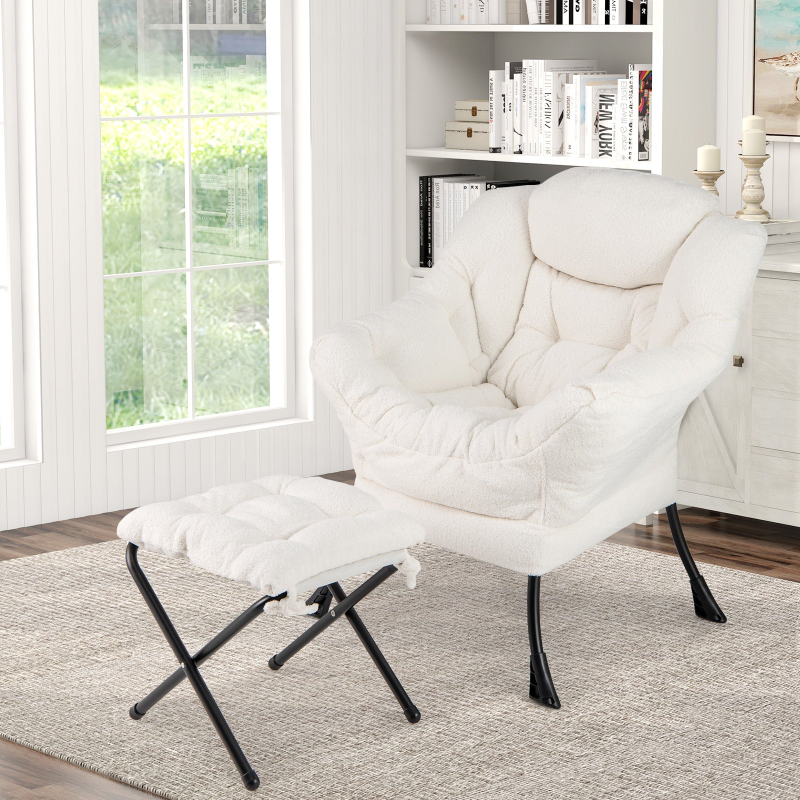 Modern Accent Chair with Folding Footrest and Head Pillow-Beige in a cozy living room setting.
