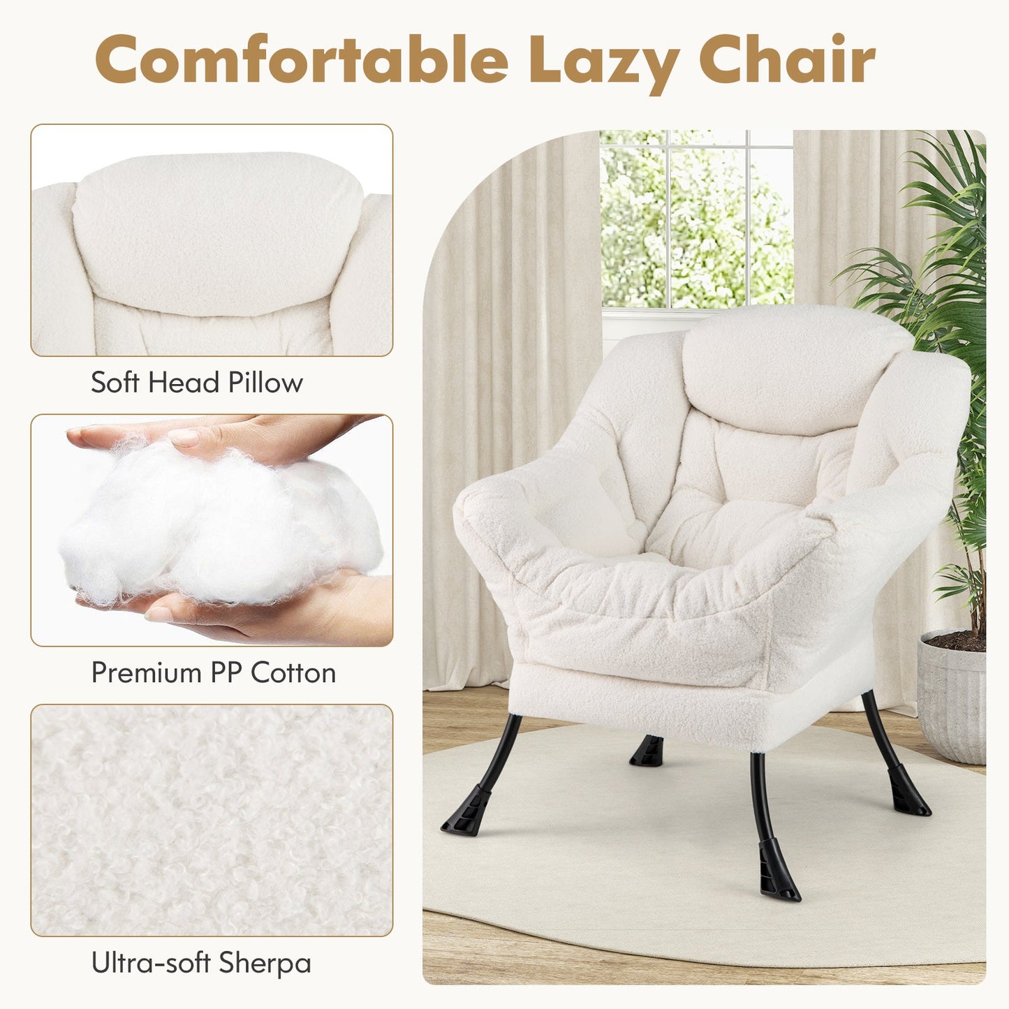 Modern Accent Chair with Folding Footrest and Head Pillow-Beige, featuring soft head pillow and ultra-soft Sherpa for comfort.