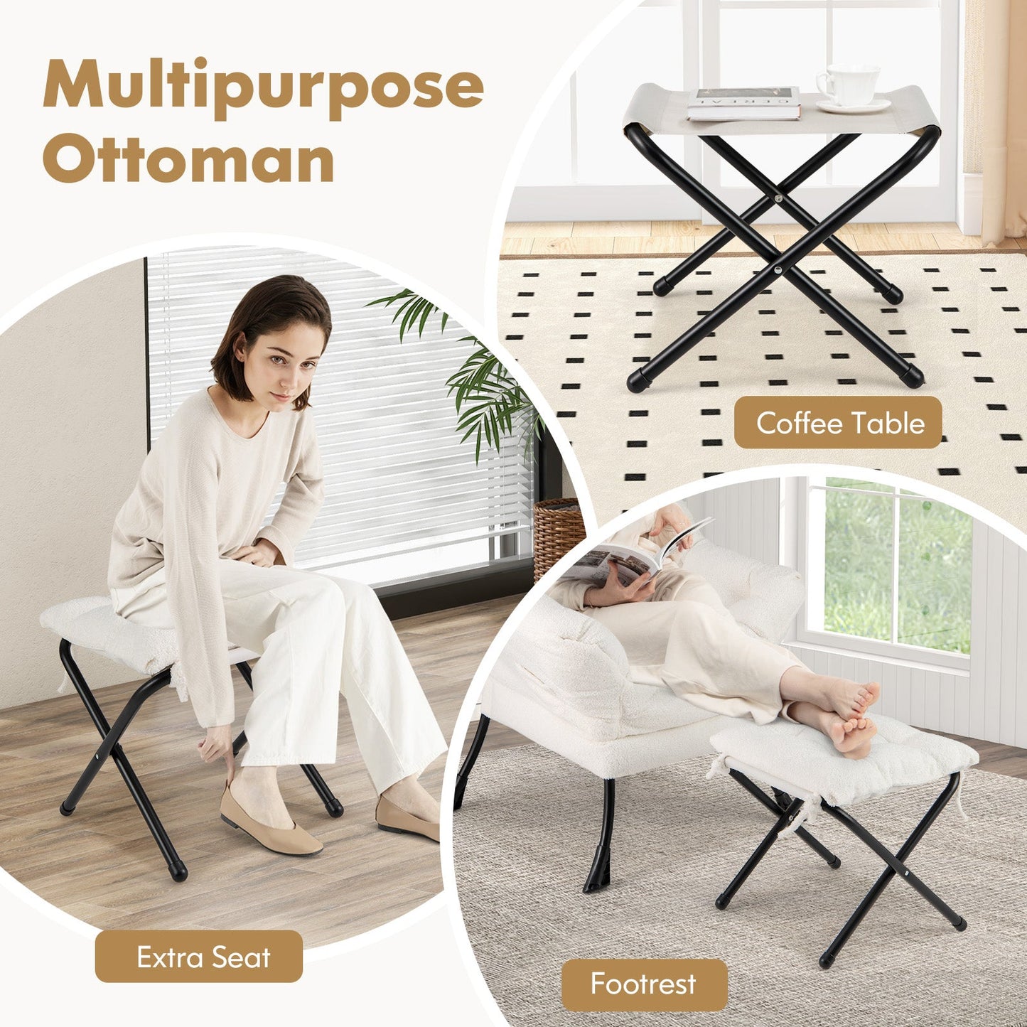 Modern Accent Chair with Folding Footrest and Head Pillow-Beige shown as a multipurpose ottoman, extra seat, and coffee table.