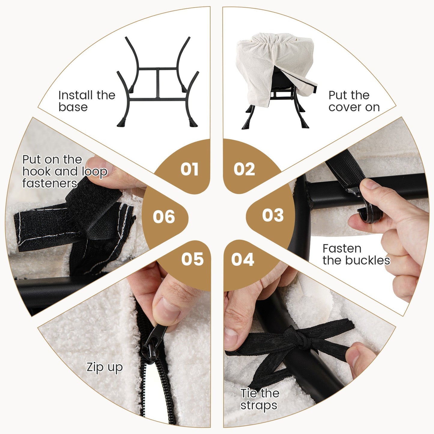 Installation steps for Modern Accent Chair with Folding Footrest and Head Pillow-Beige, showing assembly instructions and fastening details.