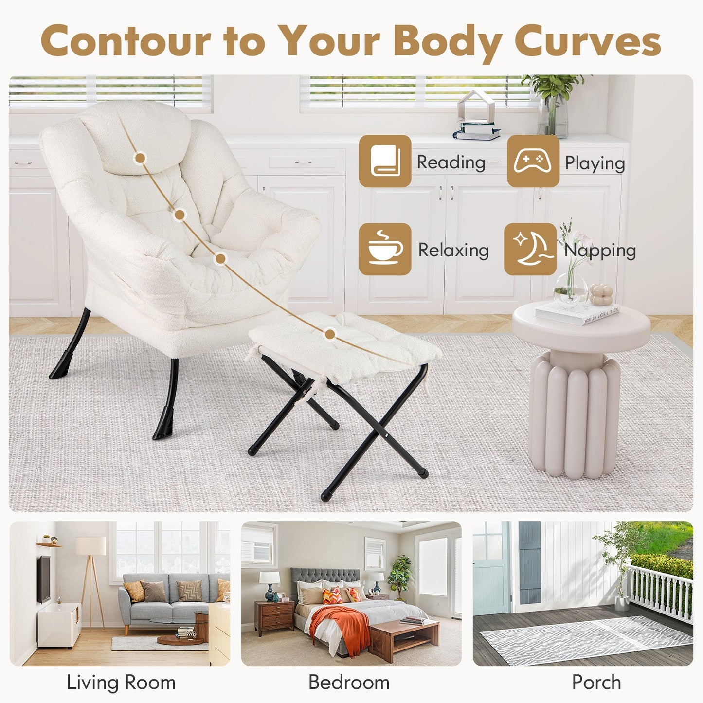 Modern Accent Chair with Folding Footrest and Head Pillow-Beige in a cozy room setting, perfect for reading, relaxing, or napping.