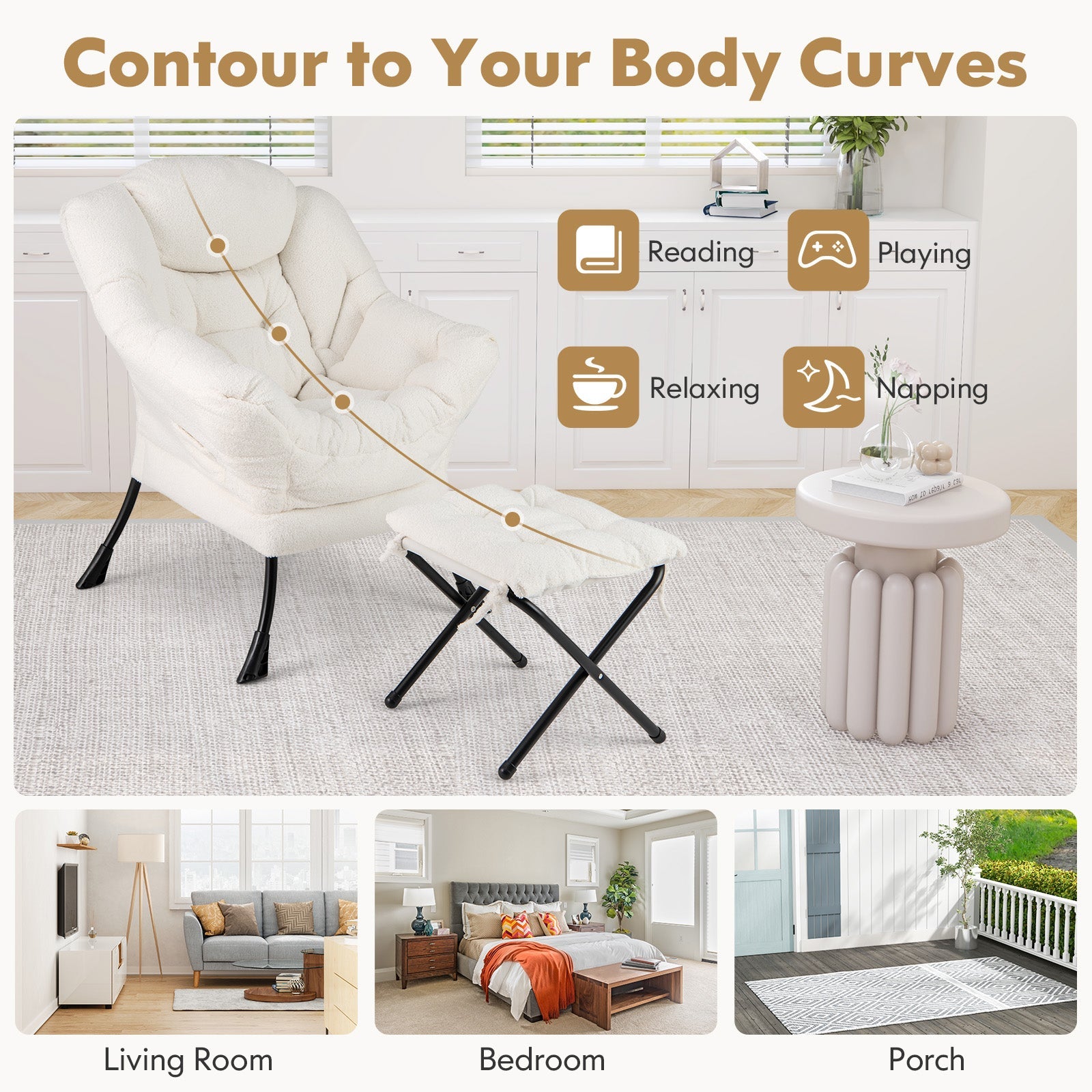 Modern Accent Chair with Folding Footrest and Head Pillow-Beige in a cozy room setting, perfect for reading, relaxing, or napping.
