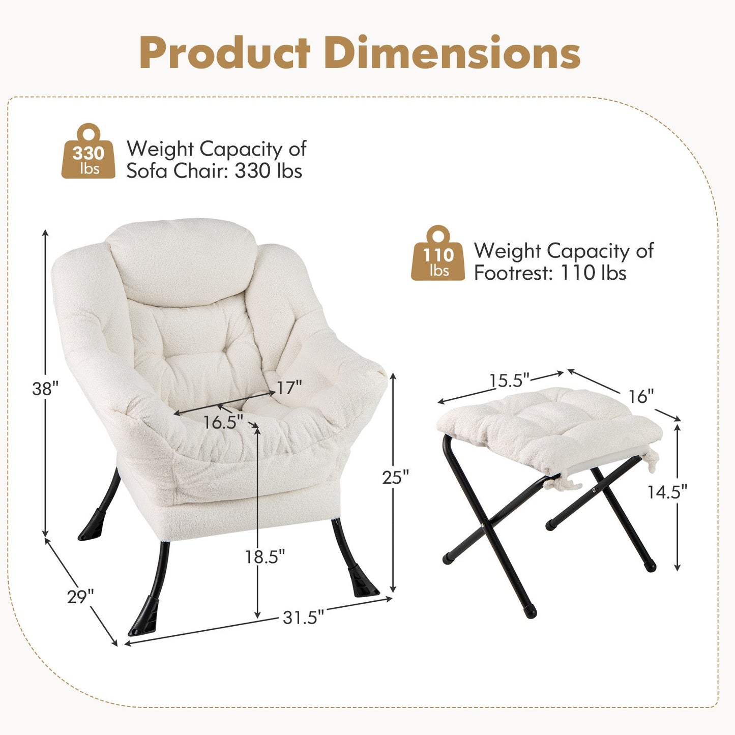 Modern Accent Chair with Folding Footrest and Head Pillow-Beige, featuring dimensions and weight capacities, 330 lbs for chair, 110 lbs for footrest.