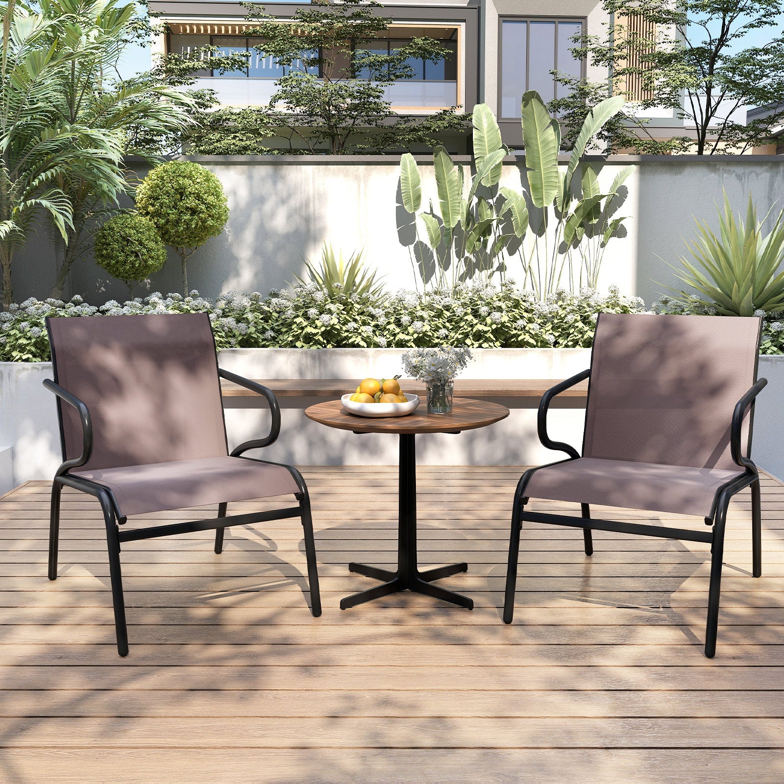 Modern Patio Chairs Set of 2 with Breathable Fabric for Porch-Coffee shown on a wooden deck with a small round table.