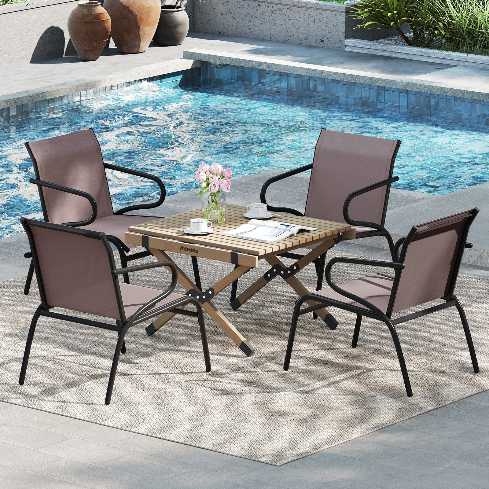 Modern Patio Chairs Set of 2 with Breathable Fabric for Porch-Coffee shown near a poolside with dining table setup.
