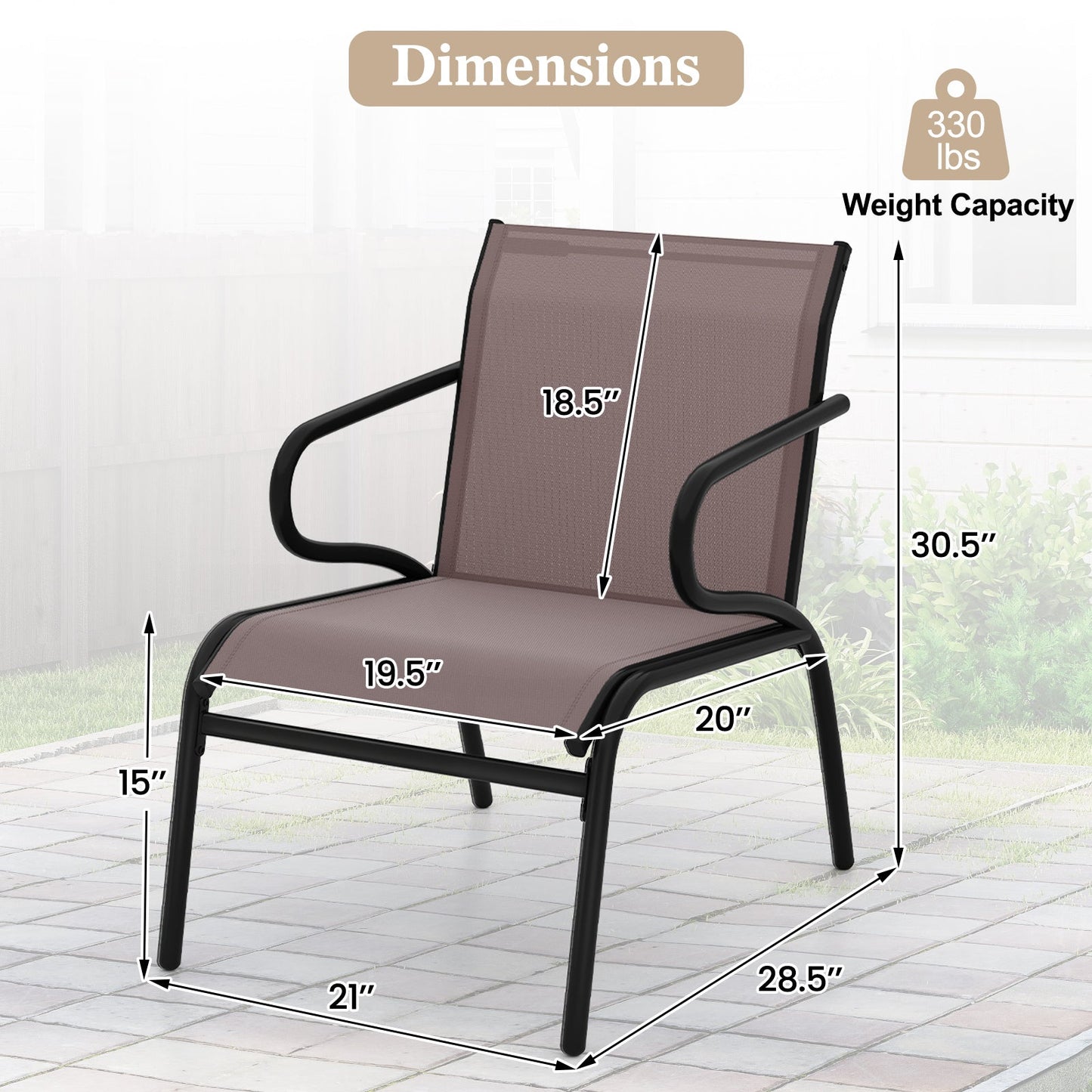 Modern Patio Chairs Set of 2 with Breathable Fabric for Porch-Coffee, ergonomic design, and heavy-duty metal frame supports 330 lbs