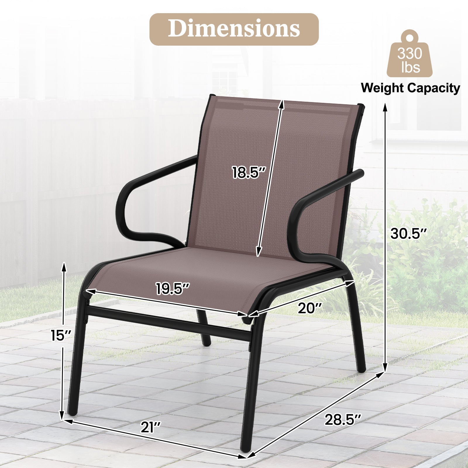 Modern Patio Chairs Set of 2 with Breathable Fabric for Porch-Coffee, ergonomic design, and heavy-duty metal frame supports 330 lbs