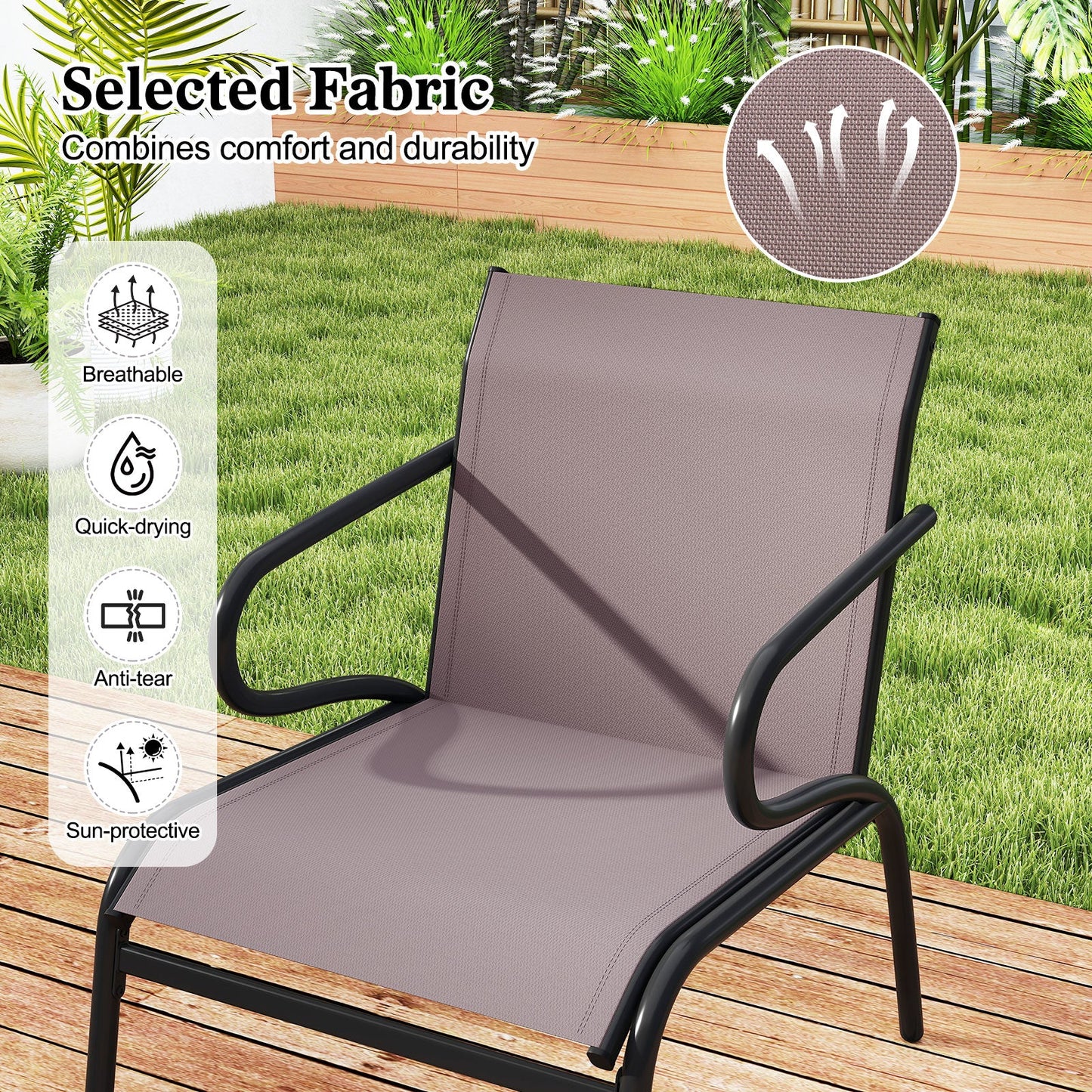 Modern Patio Chairs Set of 2 with Breathable Fabric for Porch-Coffee on grass lawn showcasing ergonomic design and selected fabric features.