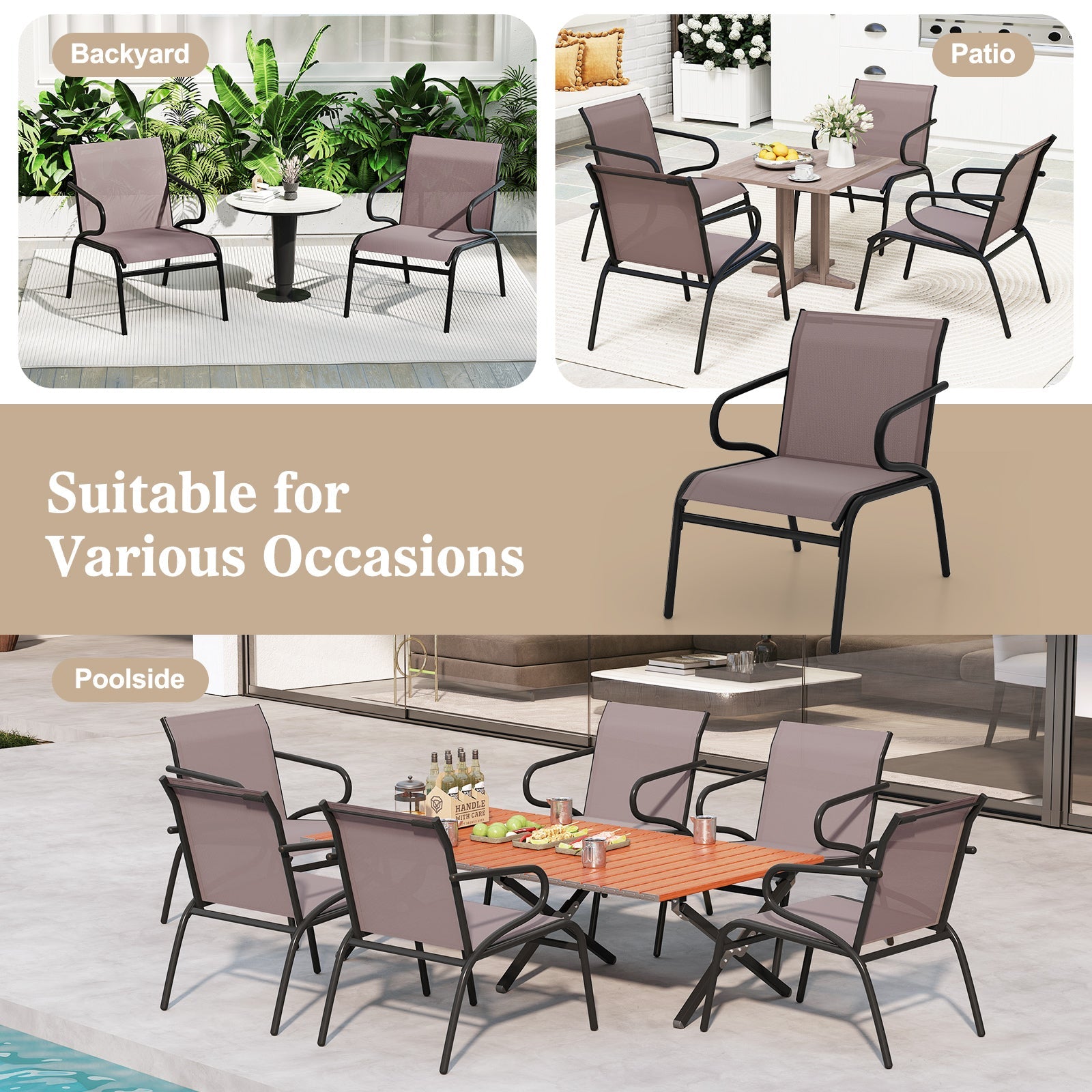 Modern Patio Chairs Set of 2 with Breathable Fabric for Porch-Coffee, perfect for backyard, patio, and poolside seating occasions.