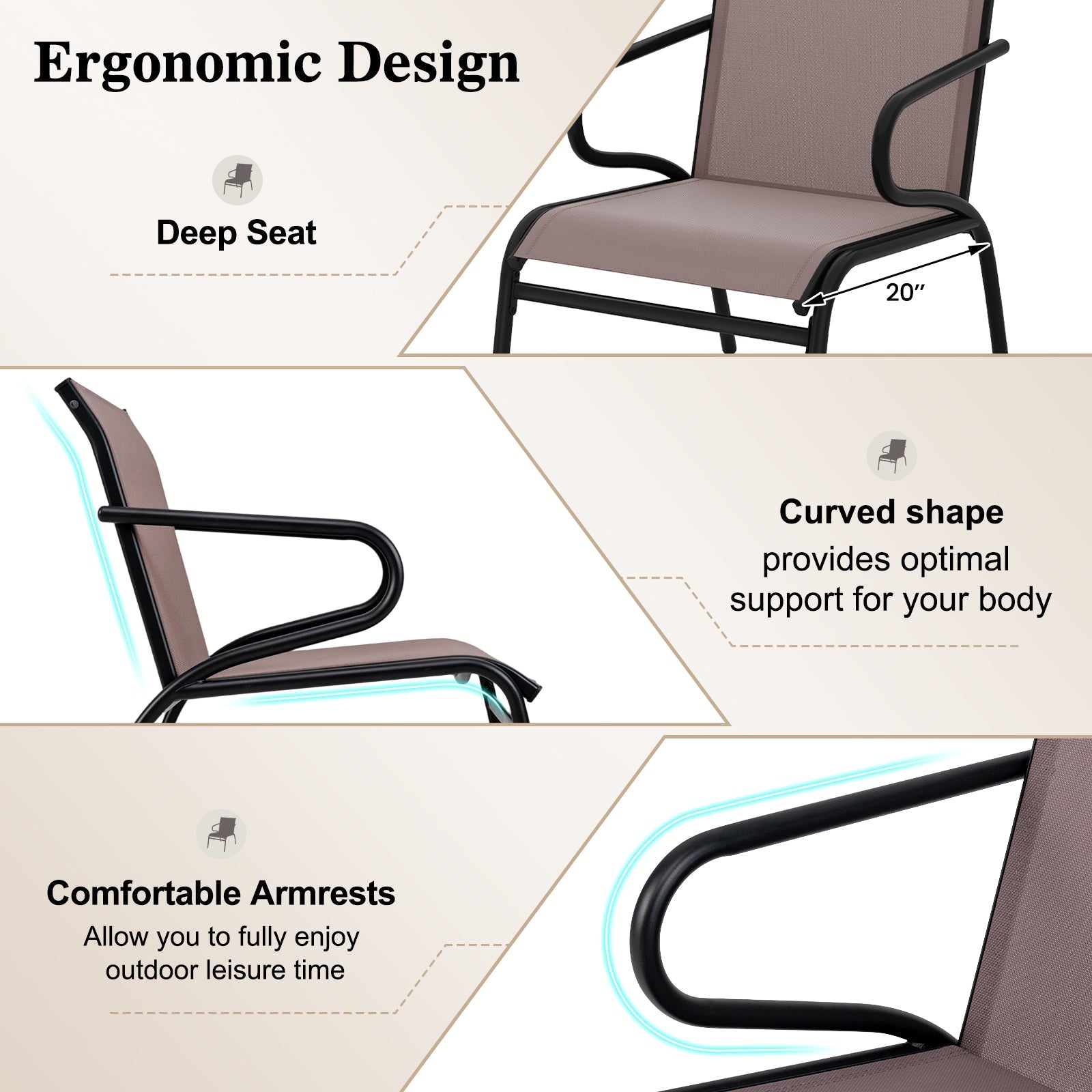 Ergonomic design features of Modern Patio Chairs Set of 2 with Breathable Fabric for Porch-Coffee with deep seat and curved armrests.
