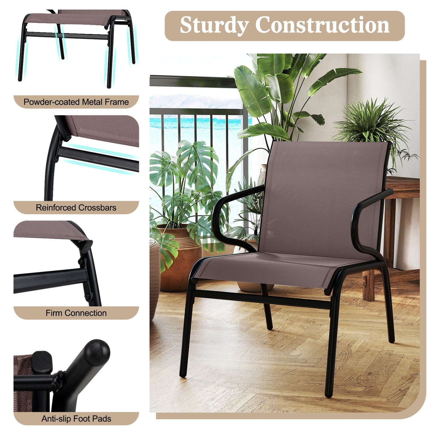 Modern Patio Chairs Set of 2 with Breathable Fabric for Porch-Coffee featuring ergonomic design and sturdy construction with metal frame.