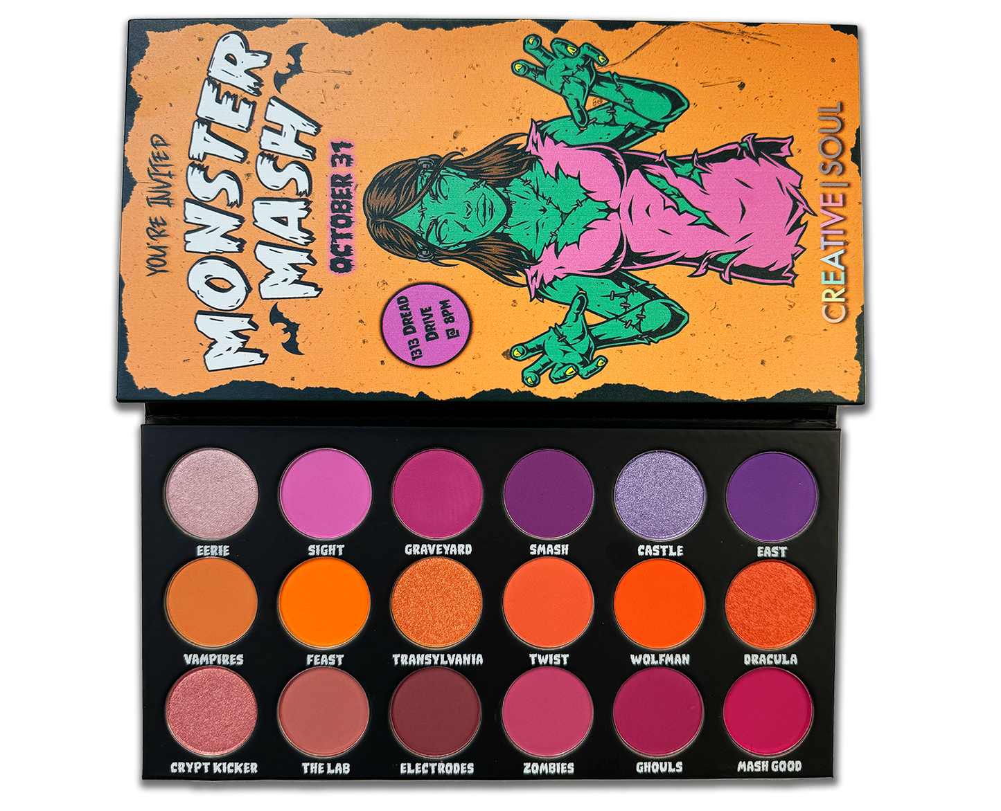 Monster Mash Eyeshadow Palette with 18 spooky shades featuring creamy shimmers and soft mattes, perfect for Halloween makeup looks.