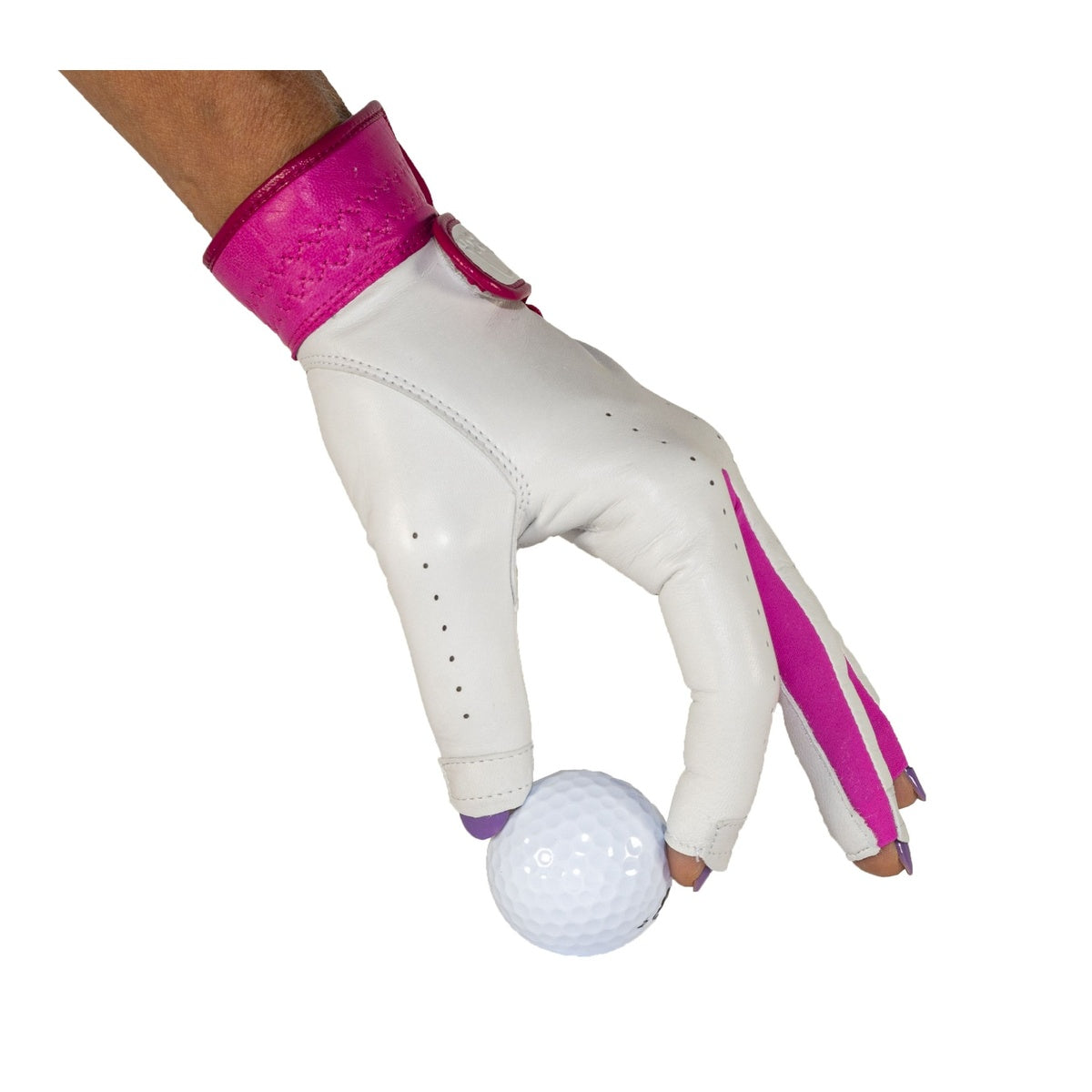 Premium Standard Tip-Free Gloves in white and pink, showing superior fit and grip with a golf ball for high performance