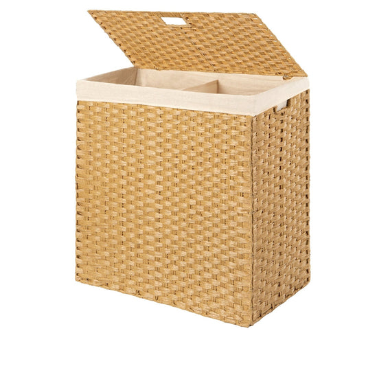 Folding 2-Bin Natural PE Wicker Linen Liner Laundry Hamper w/ Handles, open lid showing compartments, natural woven design.