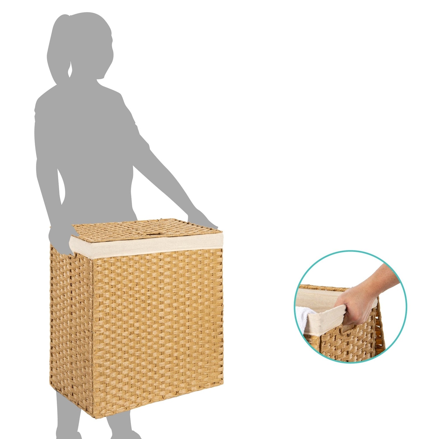 Folding 2-Bin Natural PE Wicker Linen Liner Laundry Hamper w/ Handles being carried