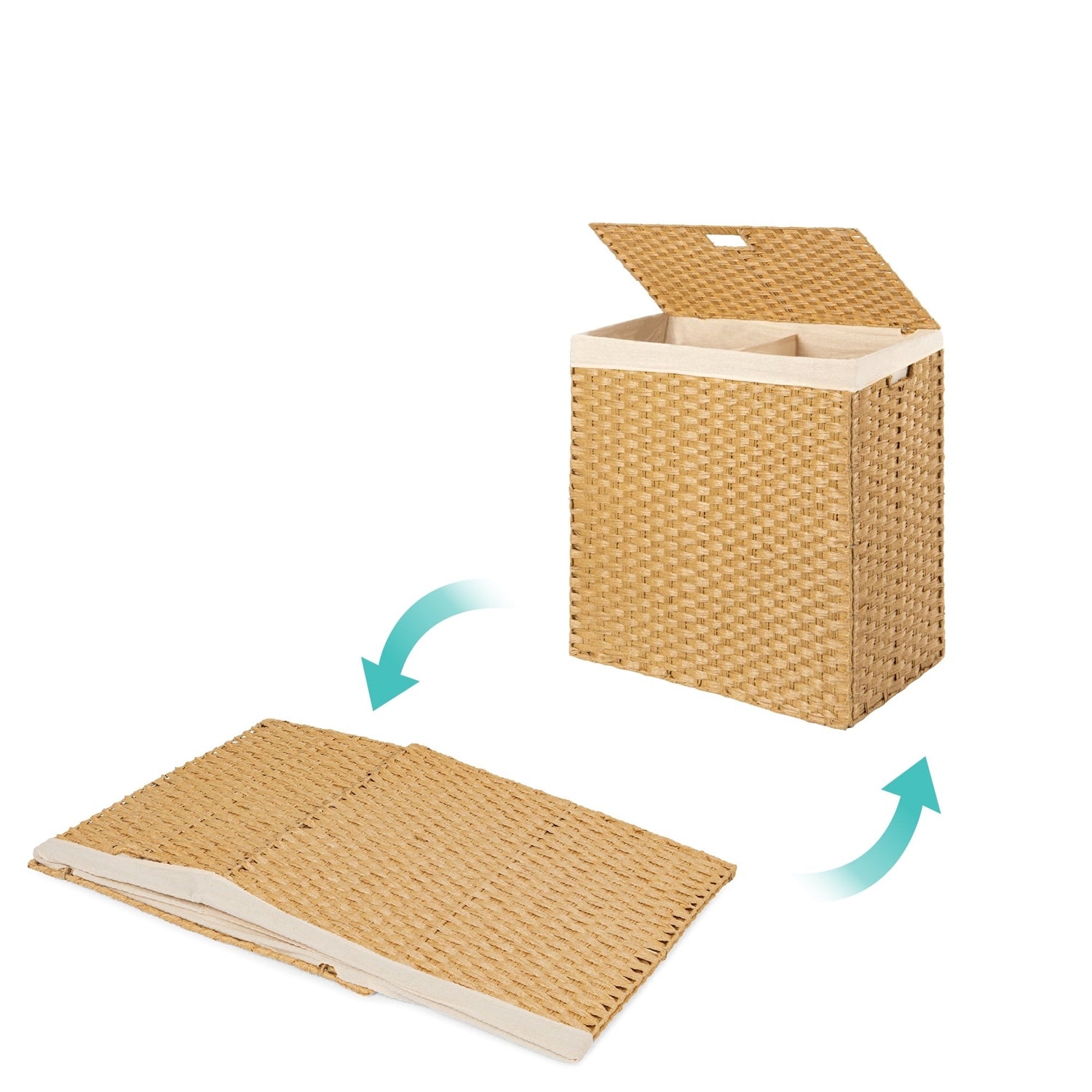 Folding 2-Bin Natural PE Wicker Linen Liner Laundry Hamper w/ Handles shown open and folded for easy storage.