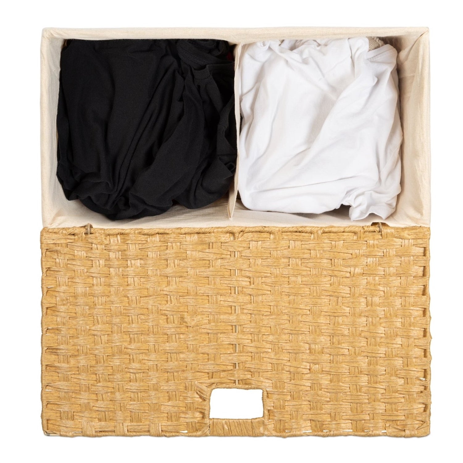 Folding 2-Bin Natural PE Wicker Linen Liner Laundry Hamper with Handles, showing two compartments filled with clothes, top view