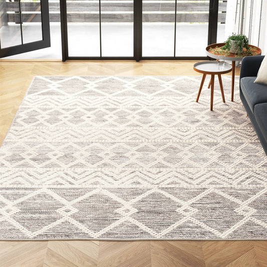 9-ft. x 12-ft. Hand Woven Wool Blend Grey Beige Ivory Persian Style Area Rug in modern living room setting